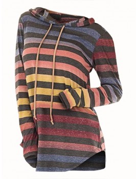 Striped Hooded Drawstring Longline Knitwear -  M