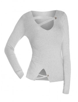 V Neck Grommet Plain Sweater - Gray L