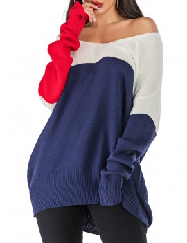 Off Shoulder Color Block Loose Sweater - Multi-a S