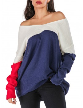 Off Shoulder Color Block Loose Sweater - Multi-a S