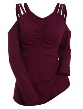 Ruched Cold Shoulder Solid Long Sleeves Knitwear - Red Wine M