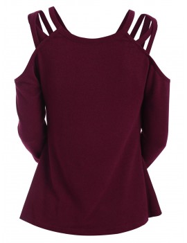 Ruched Cold Shoulder Solid Long Sleeves Knitwear - Red Wine M