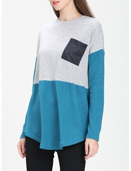 Front Pocket Colorblock Sweater - Peacock Blue S