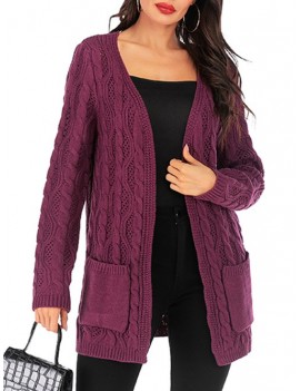 Open Cable Knit Pocket Tunic Cardigan - Dark Orchid M