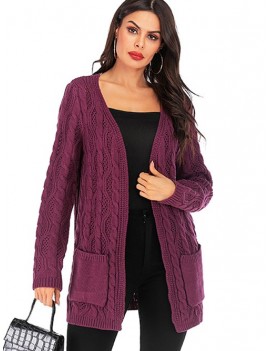 Open Cable Knit Pocket Tunic Cardigan - Dark Orchid M
