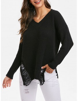 V Neck Side Slit Distressed Sweater - Black One Size