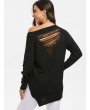 V Neck Side Slit Distressed Sweater - Black One Size