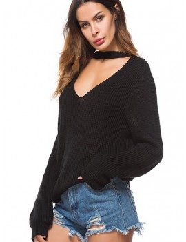 Choker Cut Out Knitted Casual Sweater - Black M
