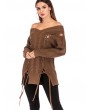 Lace Up Cable Knit Off Shoulder Sweater - Light Brown L