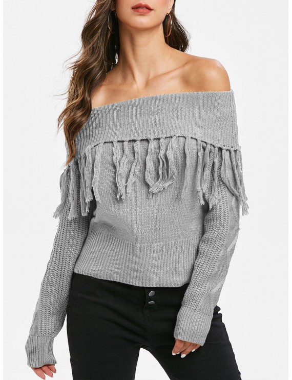 Tassel Off Shoulder Foldover Pullover Sweater - Gray M