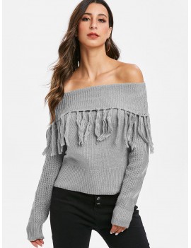 Tassel Off Shoulder Foldover Pullover Sweater - Gray M