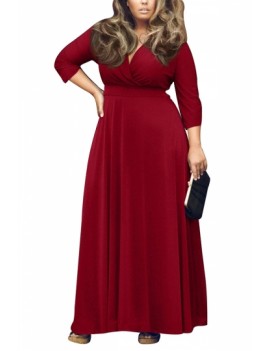 Plus Size V Neck Evening Gown 3/4 Sleeve Red
