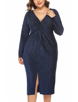 Plus Size Twist Long Sleeve Dress Blue
