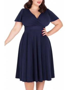 Plus Size Short Sleeve Midi Wrap Dress Navy Blue