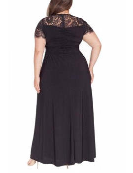 Plus Size V Neck Maxi Dress Lace Trim Black