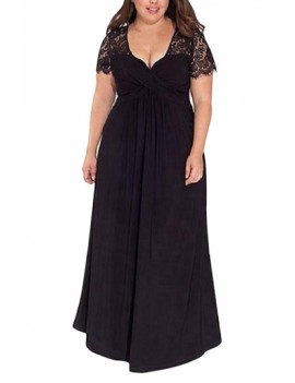 Plus Size V Neck Maxi Dress Lace Trim Black