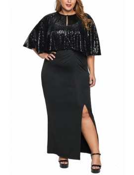 Plus Size Cape Evening Gown Sequin Split Black