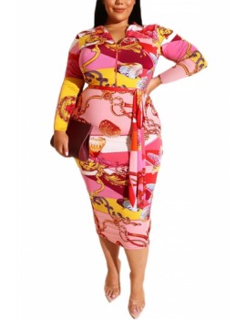 Plus Size Print Bodycon Dress Long Sleeve Pink