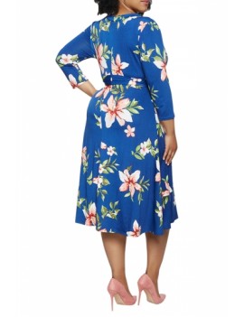 Plus Size Faux Wrap Midi Dress Floral Print Blue