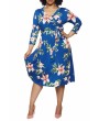 Plus Size Faux Wrap Midi Dress Floral Print Blue