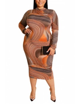 Plus Size Long Sleeve Print Dress Orange