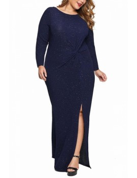 Plus Size Maxi Metallic Dress Twist Front Blue