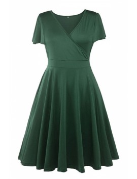 Plus Size Solid Midi Dress V Neck Green