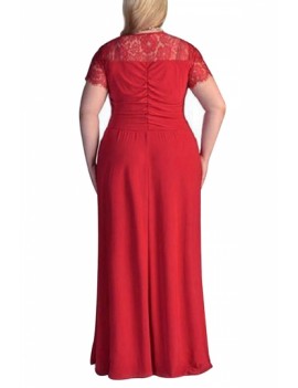 Plus Size Lace Sleeve Maxi Dress Pleated Red