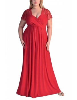Plus Size Lace Sleeve Maxi Dress Pleated Red
