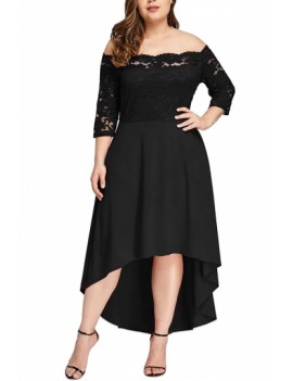 Plus Size 3/4 Sleeve Lace Dress High Low Black