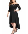 Plus Size 3/4 Sleeve Lace Dress High Low Black