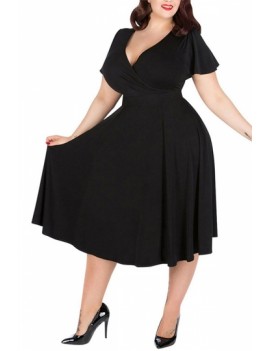 Plus Size Short Sleeve Fit And Flare Midi Dress Black