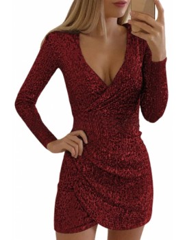 Plunging Neck Sequin Bodycon Club Dress Ruby