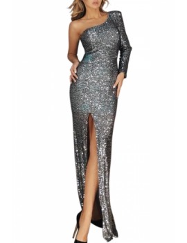 One Shoulder Sequin Evening Dress Silvery