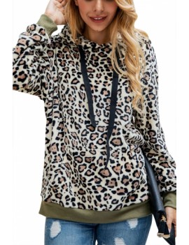 Leopard Drop Shoulder Hoodie Khaki