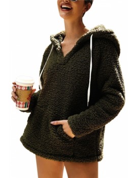 Cozy Drawstring Pullover Sherpa Hoodie Olive