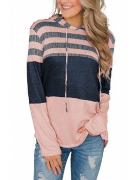 Long Sleeve Cut And Sew Pullover Hoodie Pink
