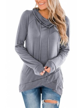 Cowl Neck Sweatshirt Asymmetrical Hem Gray