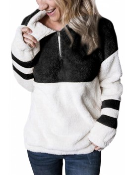 Zipper Color Block Fuzzy Pullover Sweatshirt Black