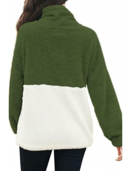Drawstring Color Block Sherpa Sweatshirt Green