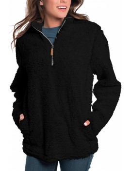 Fuzzy Quarter Zip Sweatshirt With Pocket Black