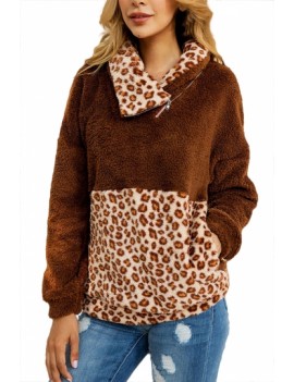 Color Block Leopard Fleece Sweatshirt Coffee