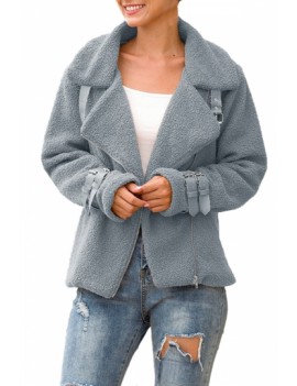 Plus Size Oblique Zip Plain Fuzzy Jacket Gray