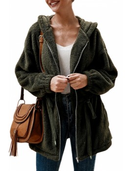 Solid Hooded Faux Shearling Jacket Olive
