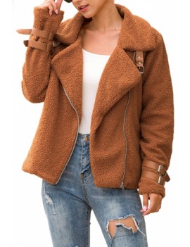 Plus Size Solid Notched Neck Teddy Jacket Brown