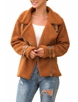 Plus Size Solid Notched Neck Teddy Jacket Brown