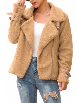 Plus Size Oblique Zipper Lapel Fuzzy Jacket Khaki