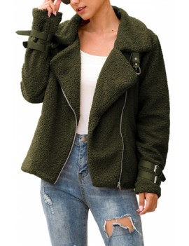 Plus Size Lapel Side Zipper Fleece Jacket Olive