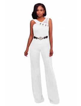 Womens Elegant Sleeveless Cut Out Belted Wide Legs Jumpsuit White