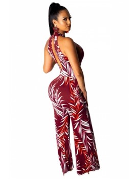 Sleeveless Criss Cross Cut Out Leaf Print Jumpsuit Ruby